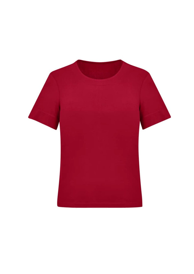 A burgundy short sleeve jersey top with a round neckline, featuring a simple design and a logo.