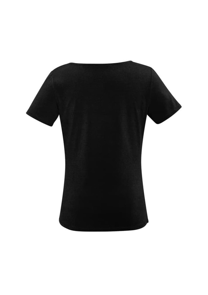 A black women's top with a rounded neckline and short sleeves, featuring a smooth fabric texture.