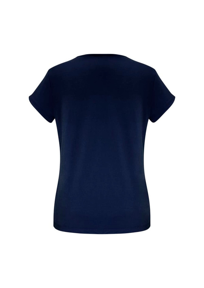 A navy short sleeve women's top with a classic round neckline and a fitted silhouette, featuring a logo.
