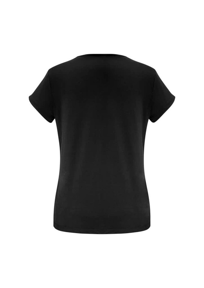 A black women's short sleeve top with a classic round neckline and a fitted silhouette. Includes a branding logo.