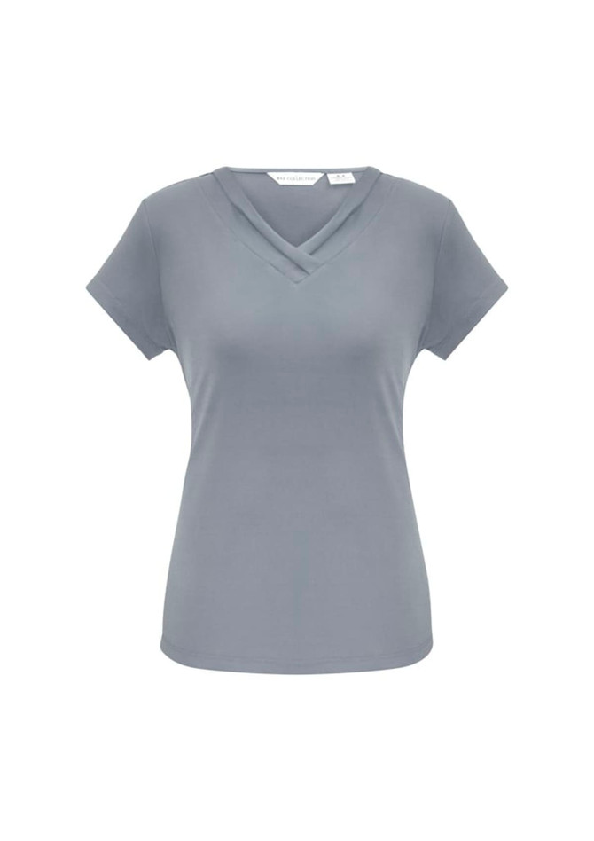 A grey short sleeve top with a V-neck design and a subtle crisscross feature. It includes a logo on the label.