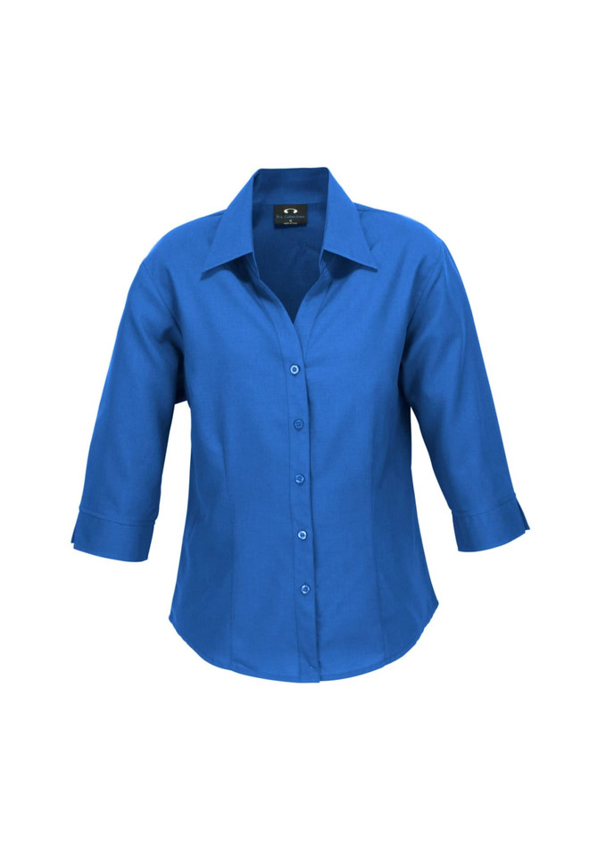 A blue women's 3/4 sleeve shirt with a collared neckline and button front. It features a logo on the label.