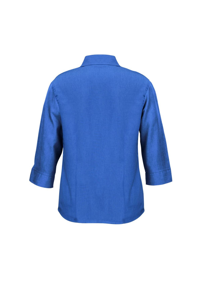 A women's 3/4 sleeve shirt in a vibrant blue, featuring a simple design and a collar on the back.