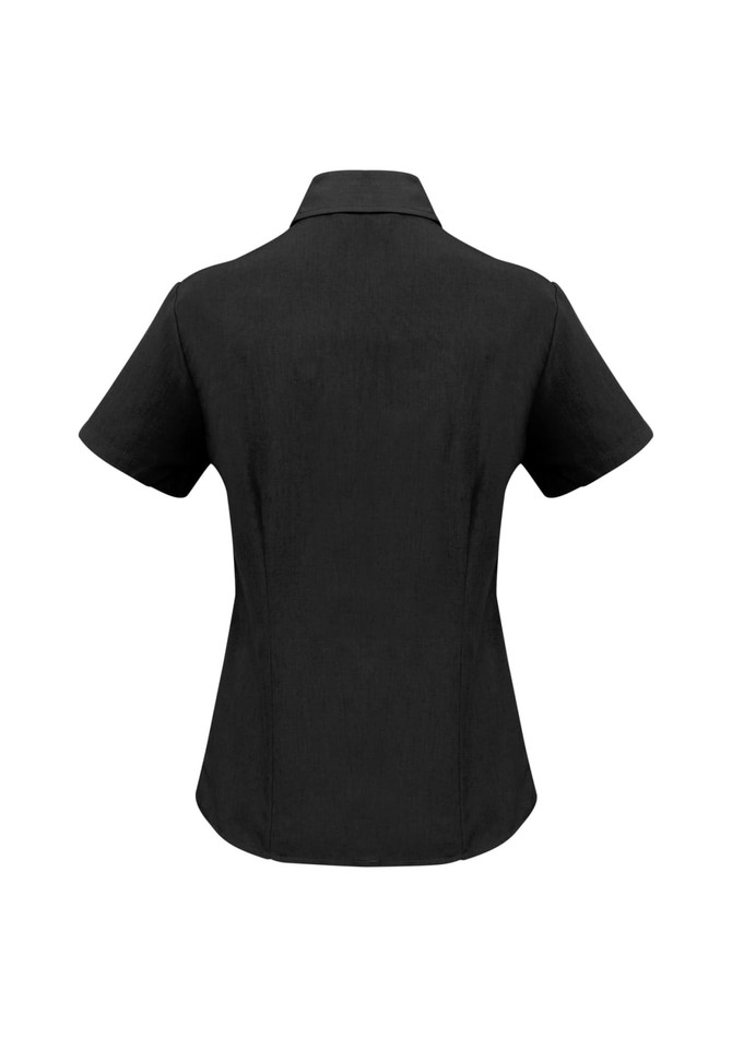 A black women's button-up short sleeve shirt with a fitted silhouette and a collar, featuring a logo.