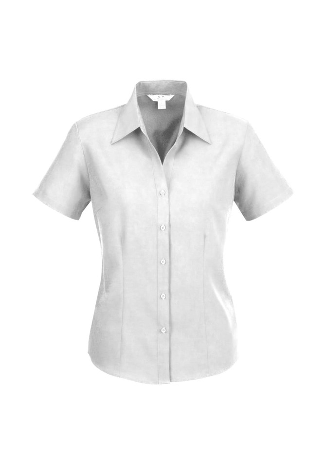A short sleeve button-up shirt in a light grey shade, featuring a collar and a front button closure.
