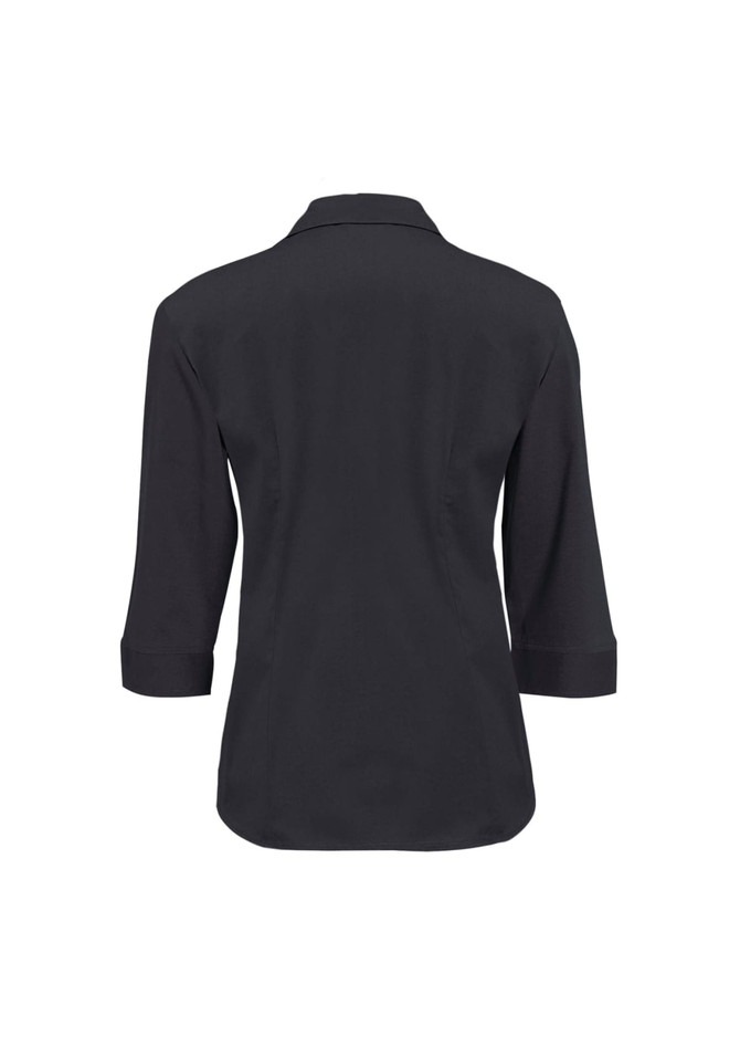 A black women's 3/4 sleeve button-up shirt with a collar and roll-up cuffs. It features a logo.