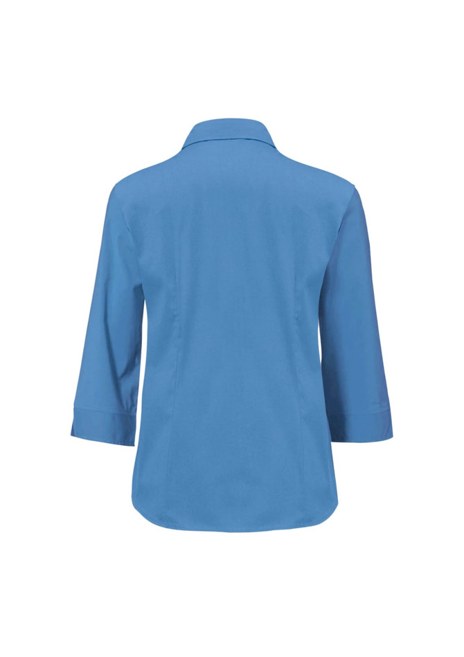 A women's button-up shirt in a solid blue colour with 3/4 sleeves and a collared neckline, featuring a logo.