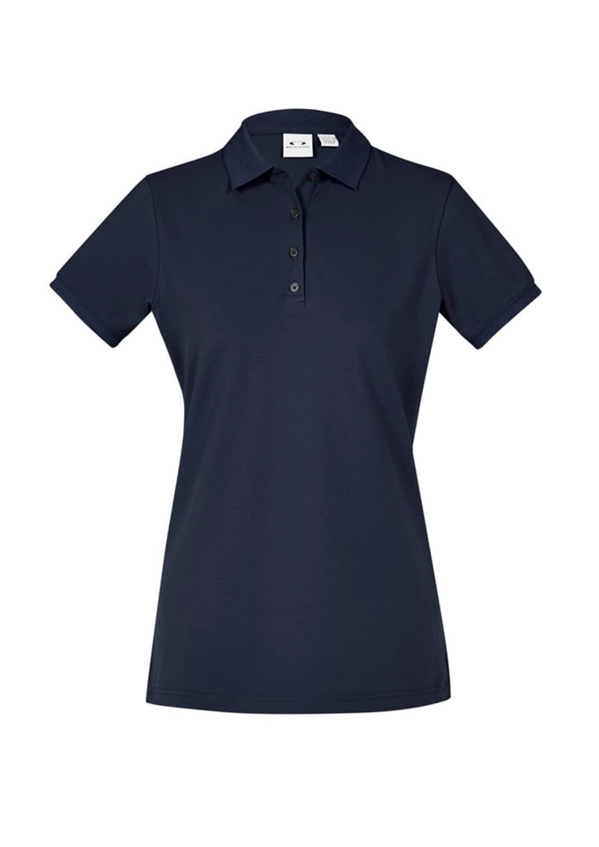 A women's short sleeve polo shirt in navy blue, featuring a collar and buttons, with a logo on the chest.