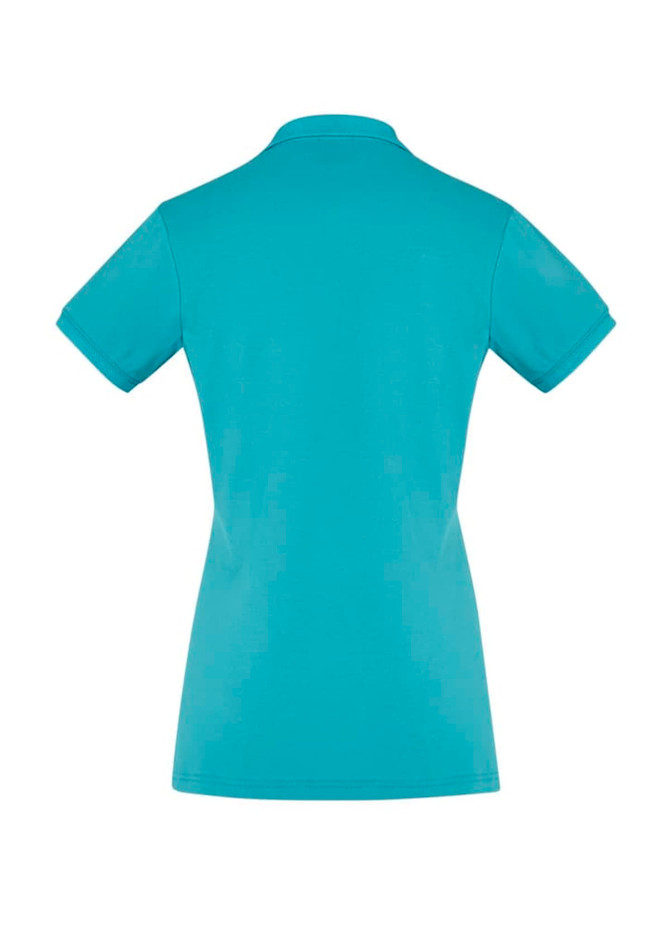 A women's short sleeve polo shirt in a bright turquoise colour, featuring a simple design and a collar.