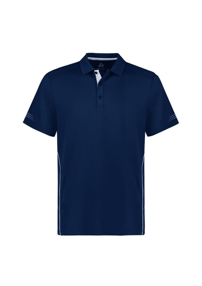 A navy blue kids' polo shirt with short sleeves, featuring a collar and a logo on the left side.