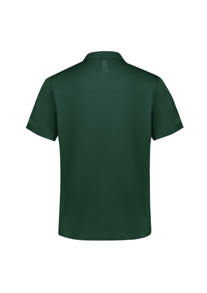A green short sleeve polo shirt with a logo and decorative detailing on the sleeves and back.