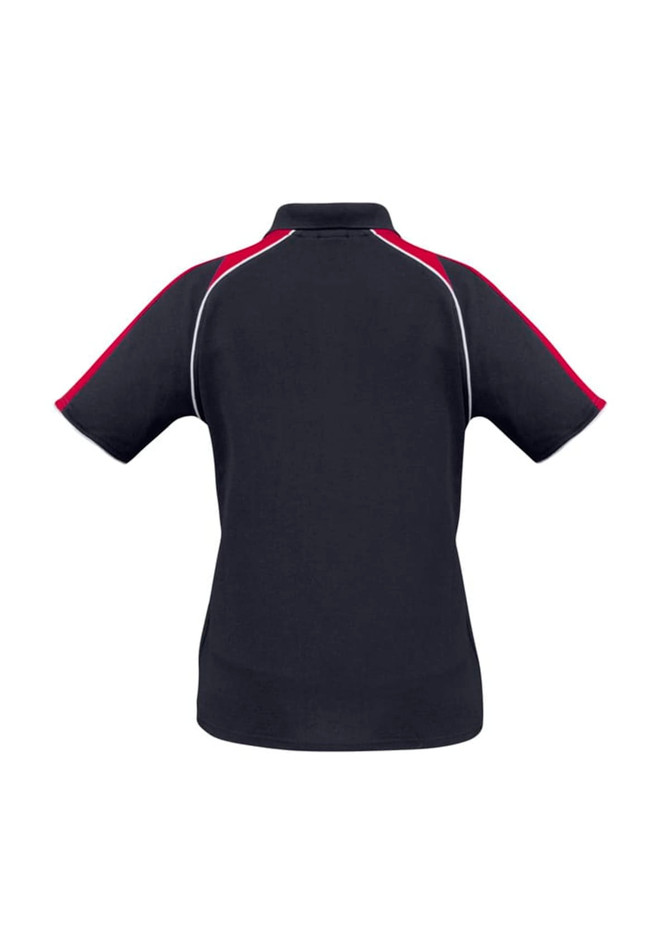 A women's short sleeve polo shirt in navy with red accents and a logo. Features a classic polo collar and sporty design.