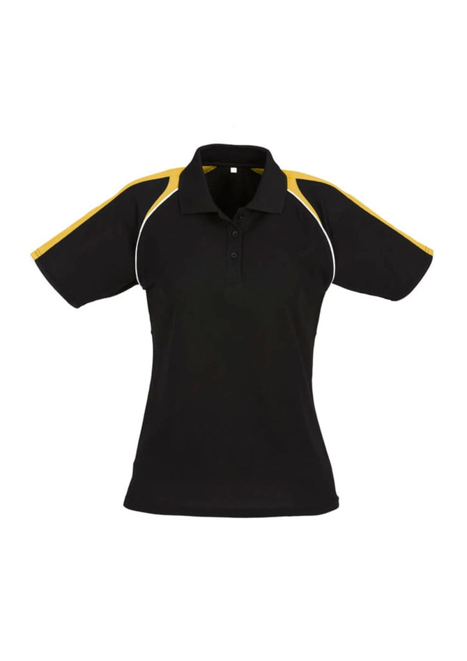 A women's short sleeve polo shirt in black with yellow accents and a logo on the chest area.