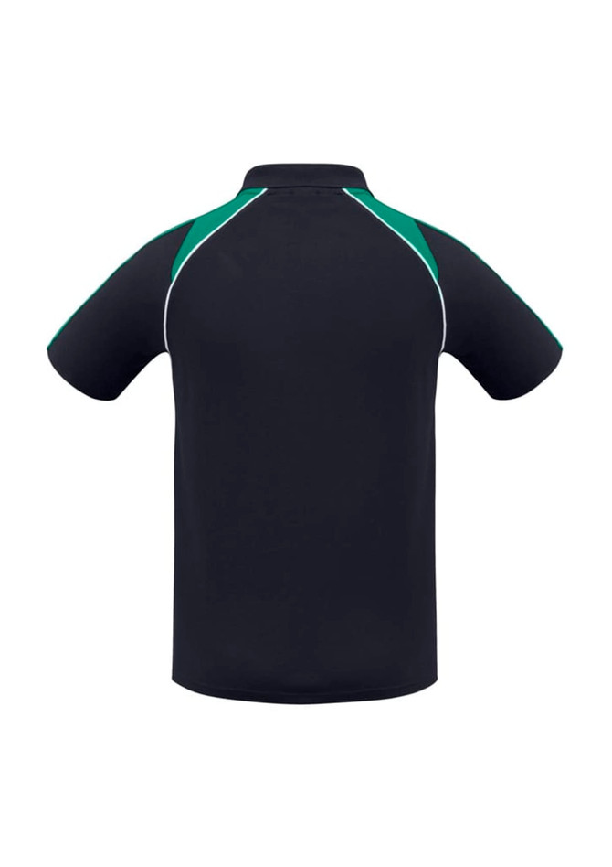 A men's short sleeve polo shirt in black with green accents and a logo.