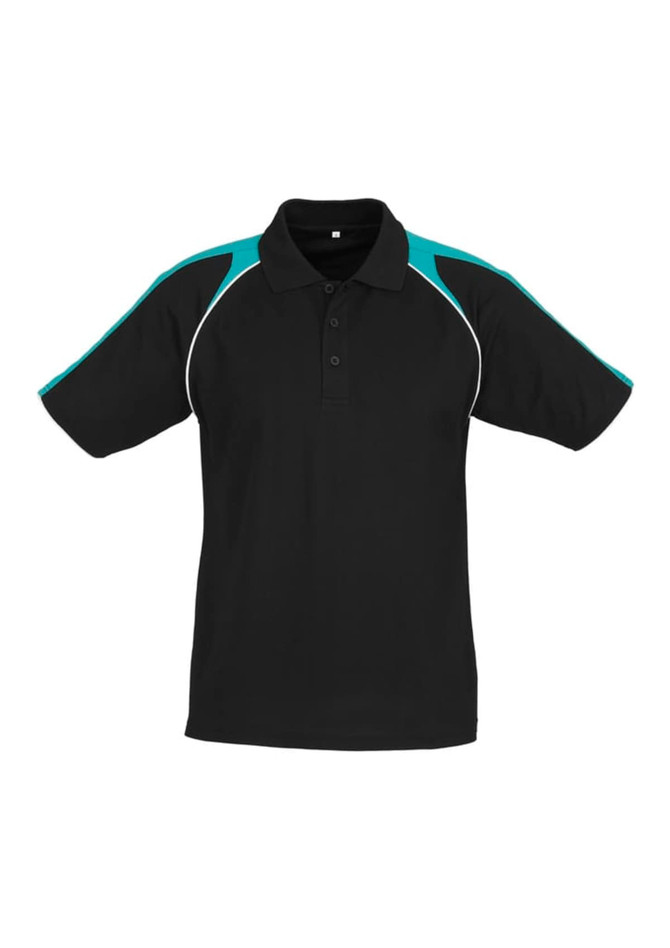 A black short sleeve polo shirt with teal accents and a logo on the chest.