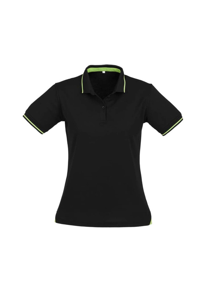 A women's black polo shirt featuring short sleeves and green accents. The shirt has a collar and branding.