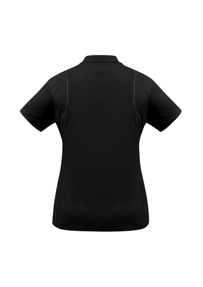 A black women's short sleeve polo shirt with a fitted design and visible stitching details.