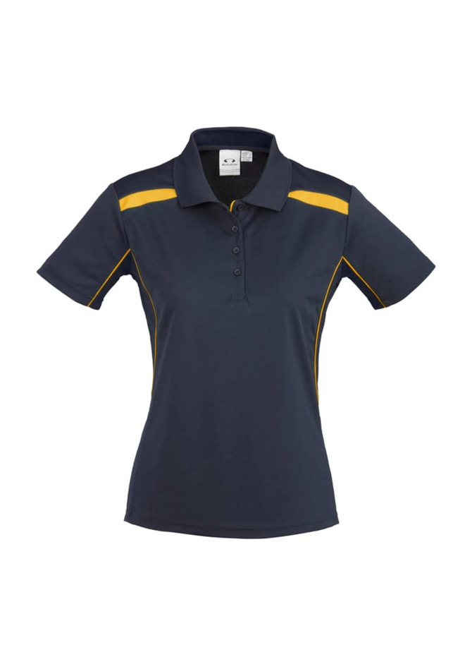 A women's short sleeve polo shirt in navy blue with yellow accents and a branded logo.