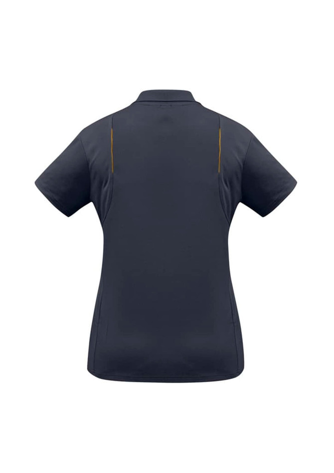 A women's short sleeve polo shirt in dark grey, featuring a branding logo on the back.