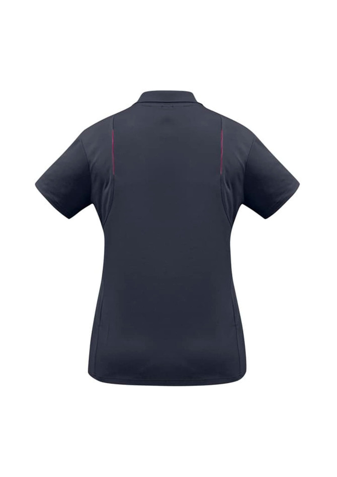 A navy women's short sleeve polo shirt with a fitted design and subtle detailing on the back. It features a logo.