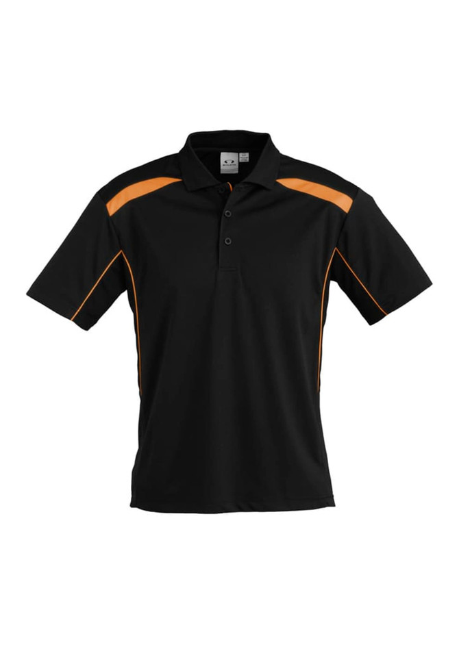 A black short sleeve polo shirt with orange accents and a logo on the chest. Perfect for casual wear.