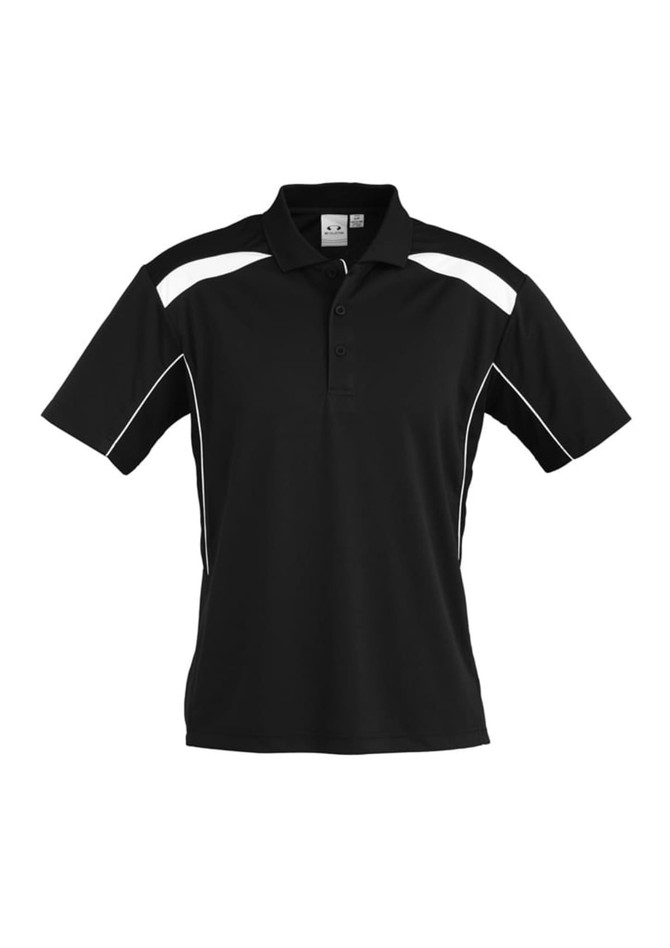 A black short sleeve polo shirt featuring white accents and a logo on the chest.