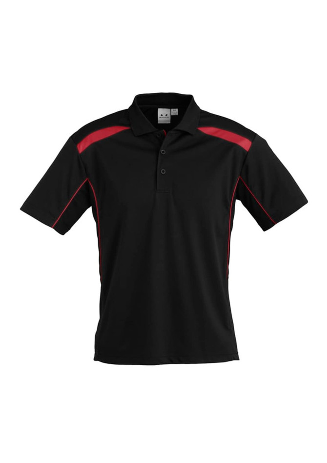 A black short sleeve polo shirt featuring red accents and a logo on the chest.