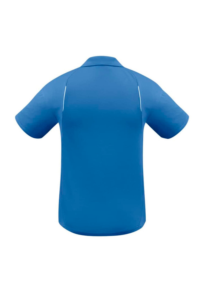 A men's short sleeve polo shirt in blue, featuring a simple design and branded logo on the back.