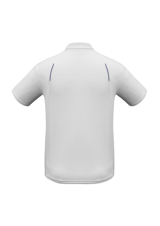 A white short sleeve polo shirt with a simple design and contrasting accent details. Features a logo on the front.