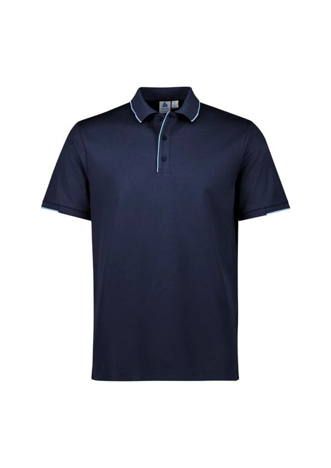 A navy blue men's short sleeve polo shirt with contrasting trim and a collar. Features a logo.