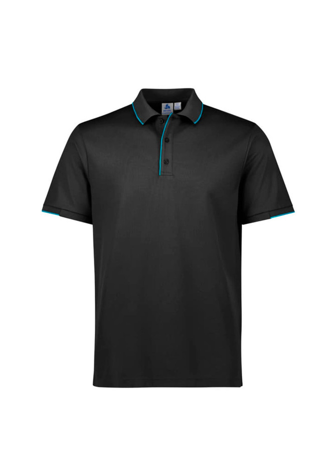 A black short sleeve polo shirt featuring turquoise accents and a branding logo on the chest area.
