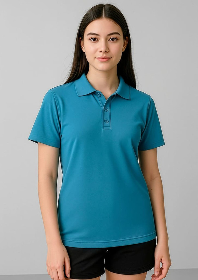 A short sleeve polo in teal colour featuring a collar and three buttons, worn by a model with long hair.
