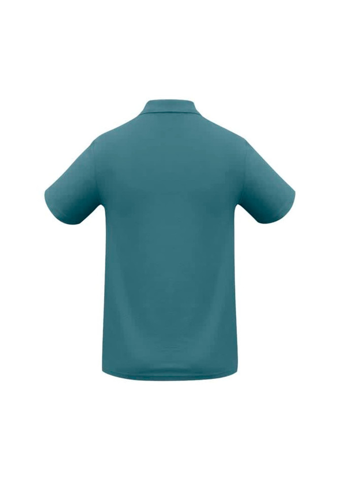 A teal men's polo shirt with short sleeves and a classic collar, featuring a branding logo.