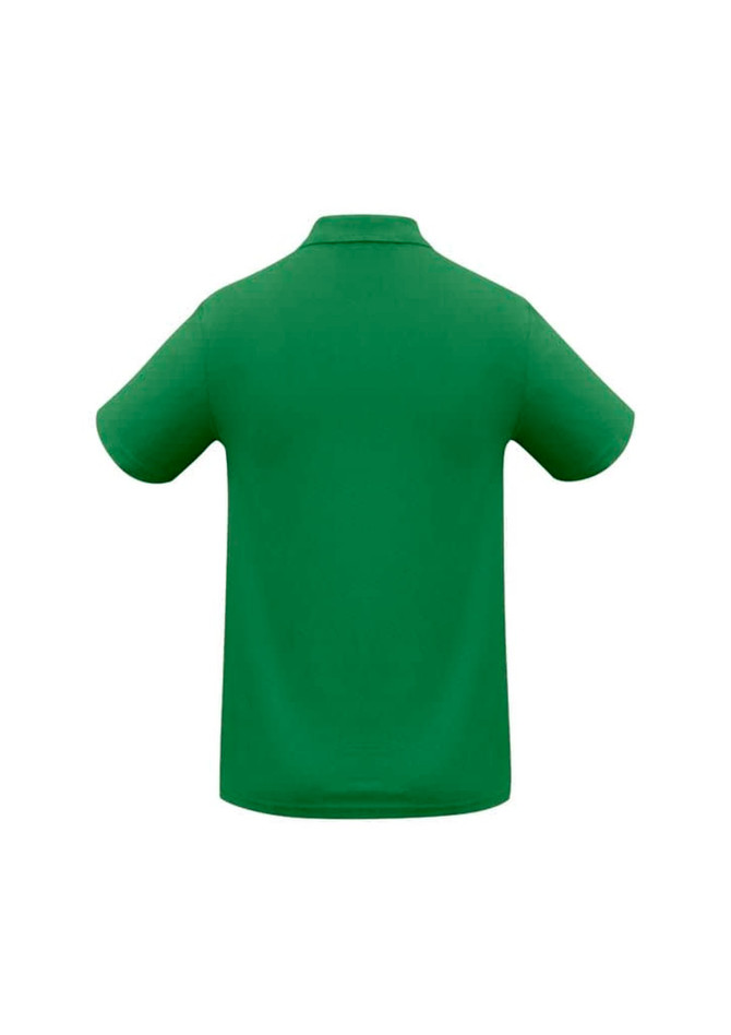 A green men's polo shirt with a collar and short sleeves, featuring a logo on the back.