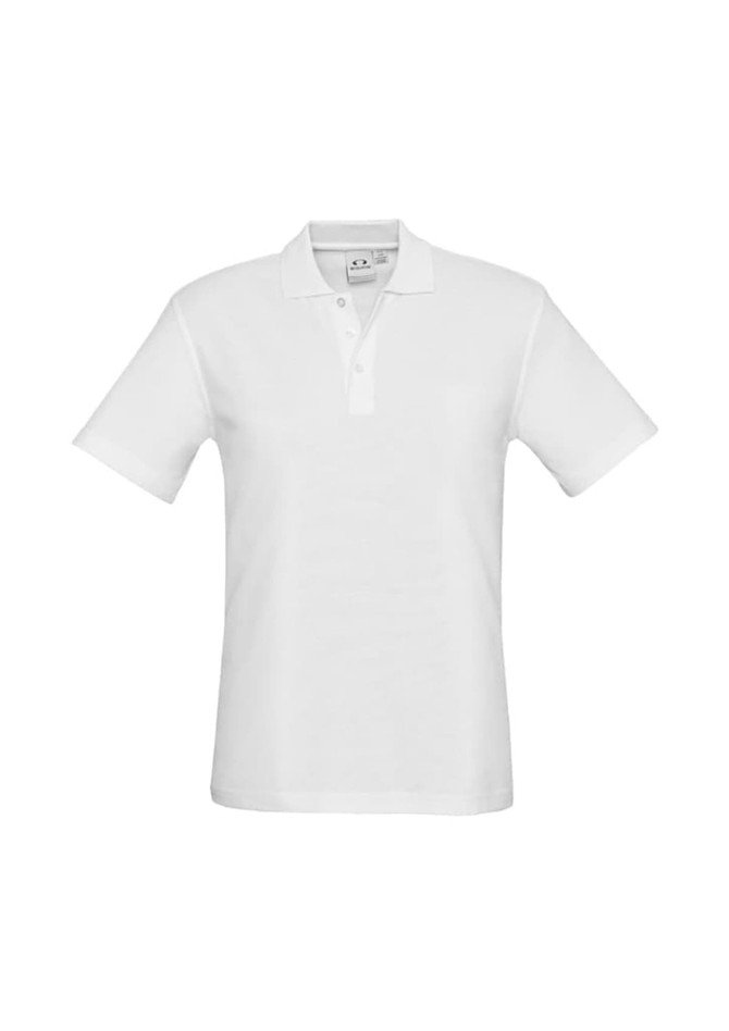 A white polo shirt featuring a collar and a logo, displayed on a plain background.