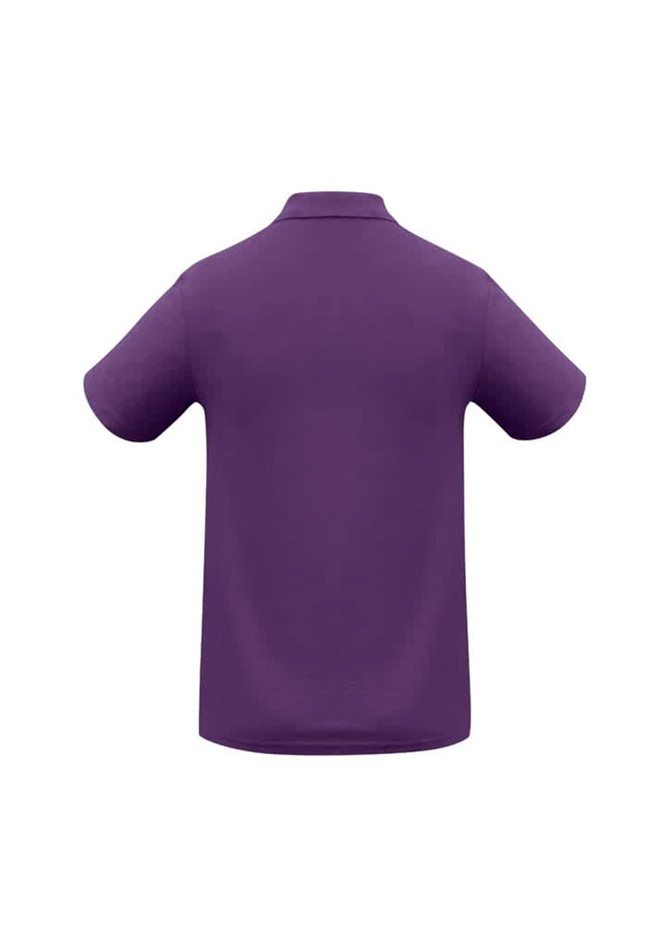 A purple crew men's polo shirt with short sleeves and a collar, featuring a logo.