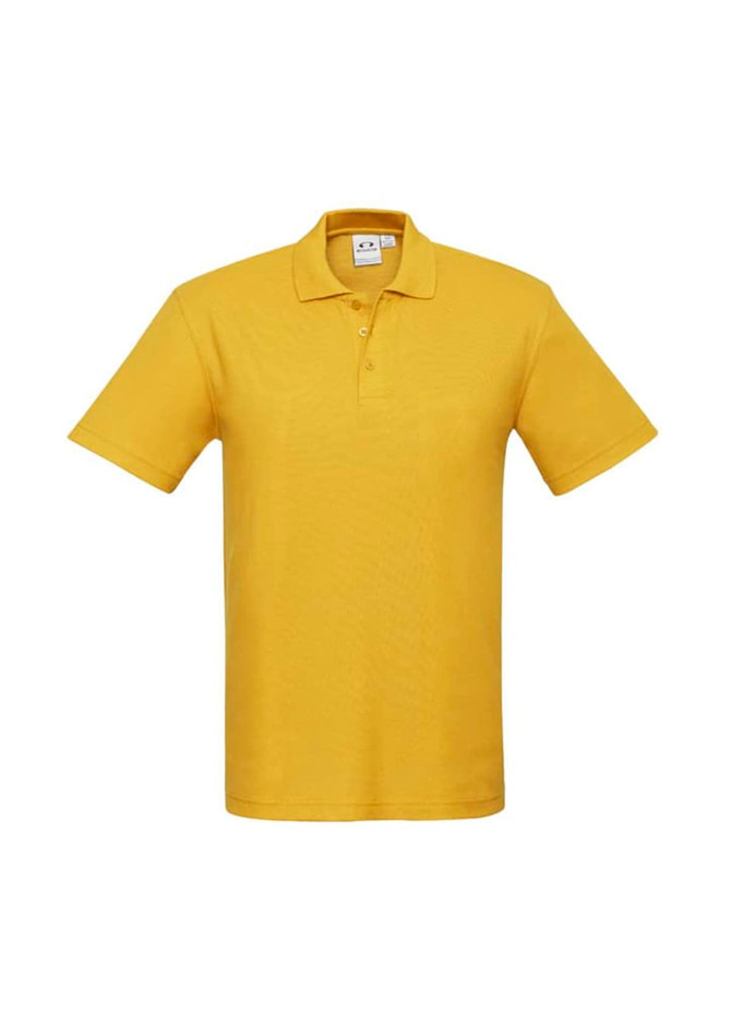 A yellow short sleeve polo shirt featuring a collar and three-button placket, with a logo on the chest.