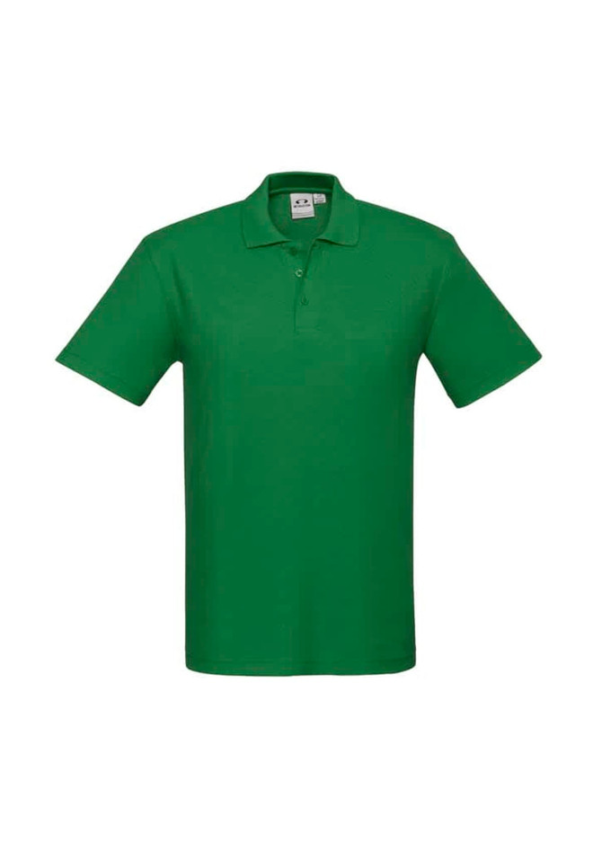 A green polo shirt with a collar and short sleeves, featuring a logo on the left side.