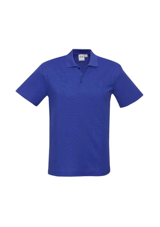 A blue polo shirt with a collar and short sleeves, featuring a logo on the chest.