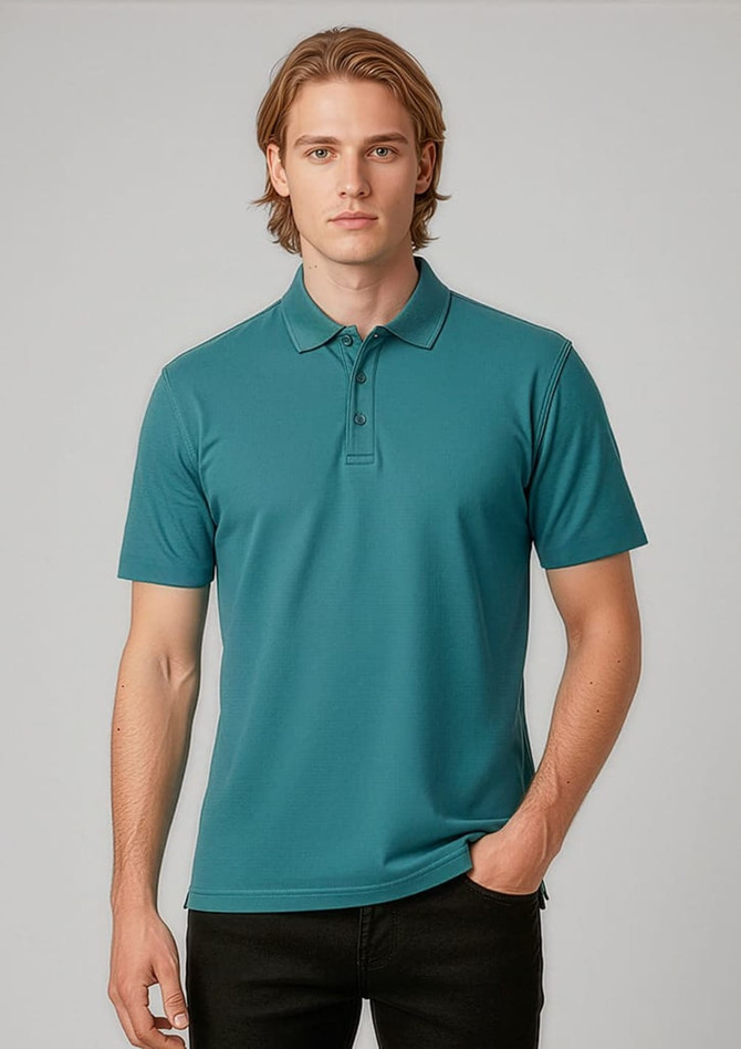 A teal polo shirt featuring a collar, short sleeves, and a logo. Suitable for casual wear.