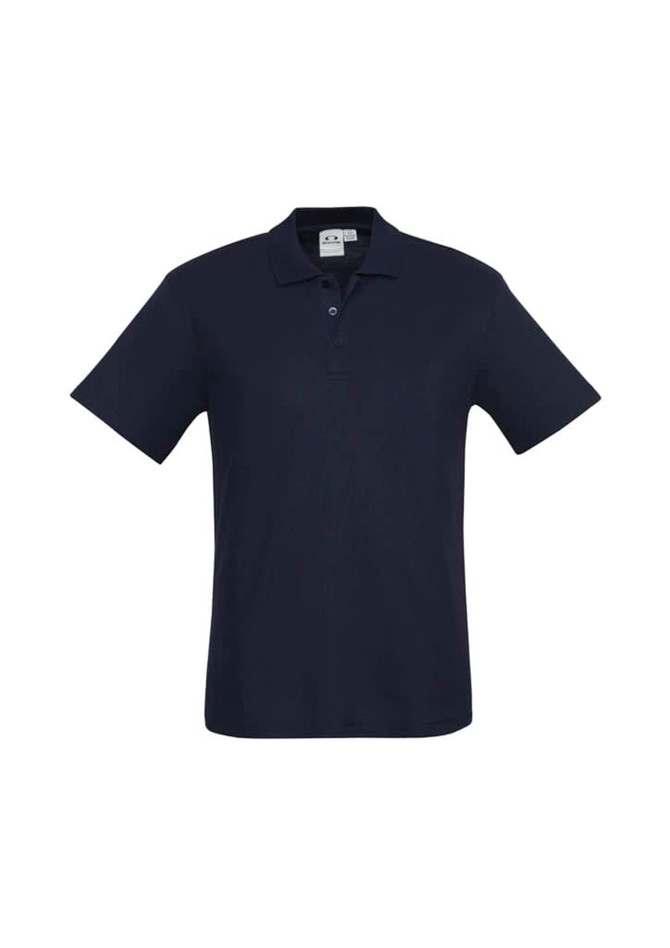 A navy blue polo shirt with a collar, short sleeves, and a logo on the chest.