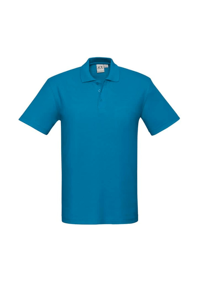 A blue polo shirt with a collar and short sleeves, featuring a logo on the chest area.