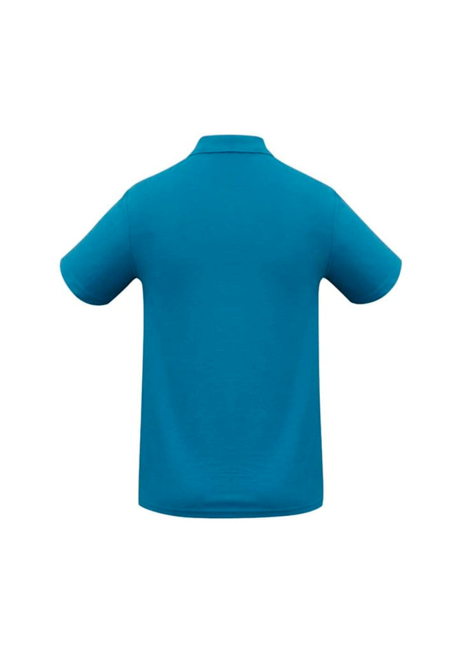A turquoise men's polo shirt with short sleeves and a collar, featuring a logo on the back.
