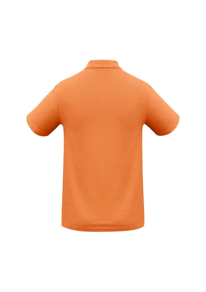 A back view of a short-sleeved, orange polo shirt with a collar and a logo.