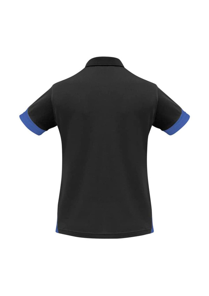 A black women's polo shirt with blue collar and sleeve accents, featuring a logo on the back.