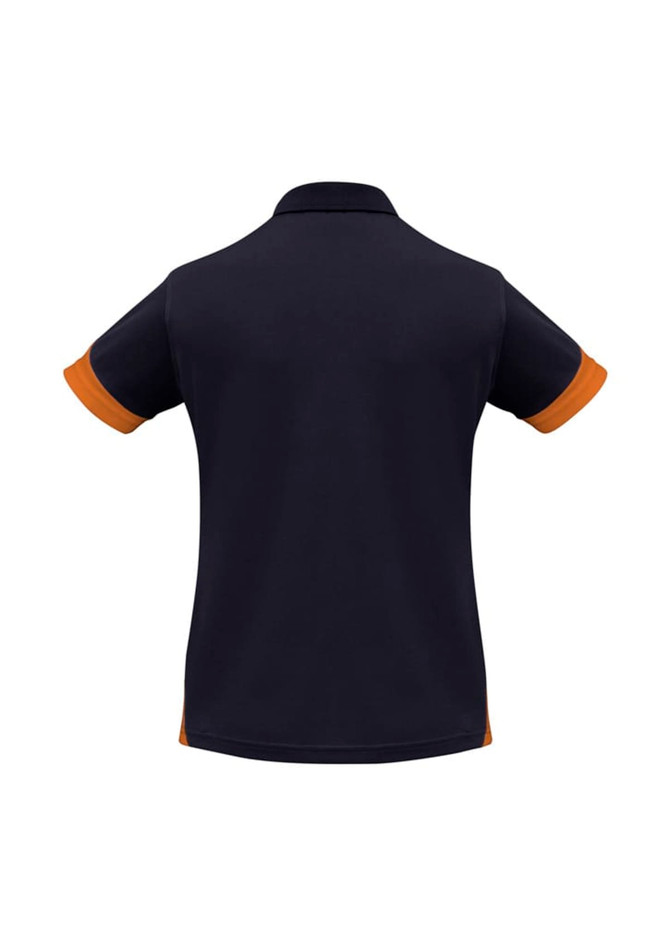 A women's short sleeve polo in navy with orange accents. The back features a collar and a logo.