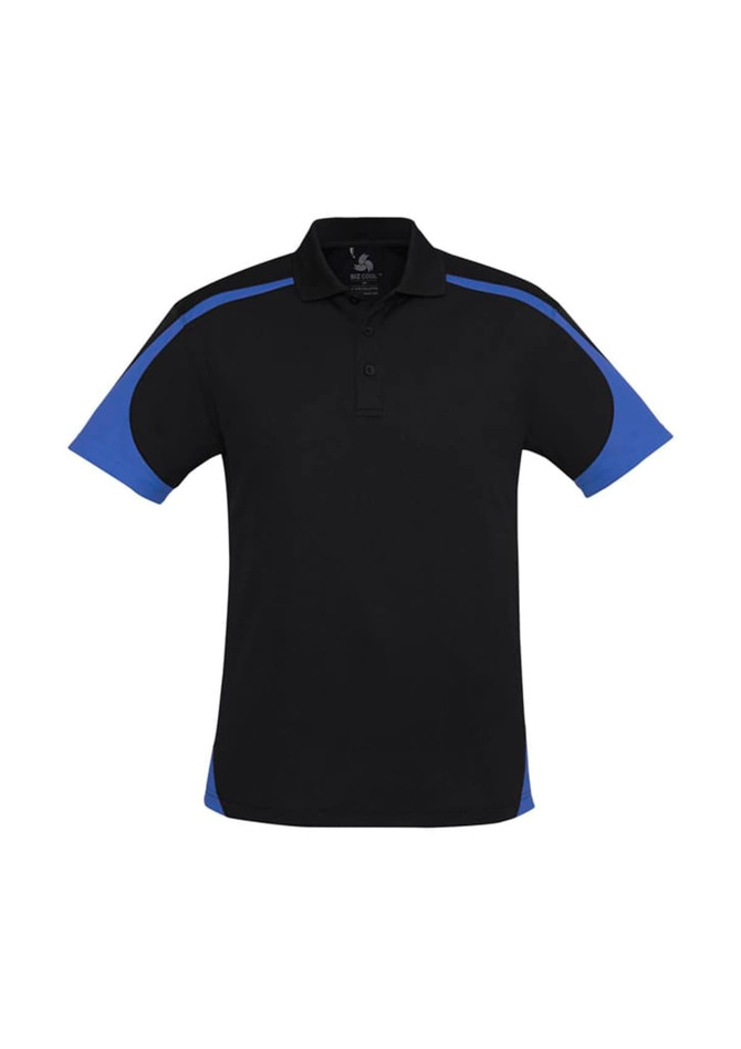 A black polo shirt with blue accents and a logo on the chest. Short sleeves and a classic collar design.