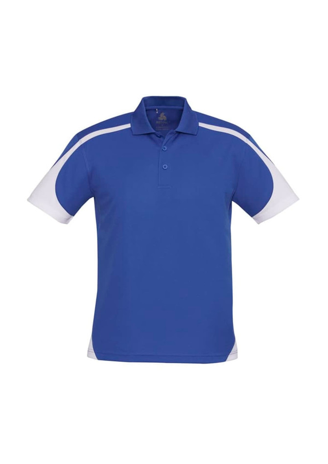 A blue short sleeve polo shirt with white accents and a logo on the chest.