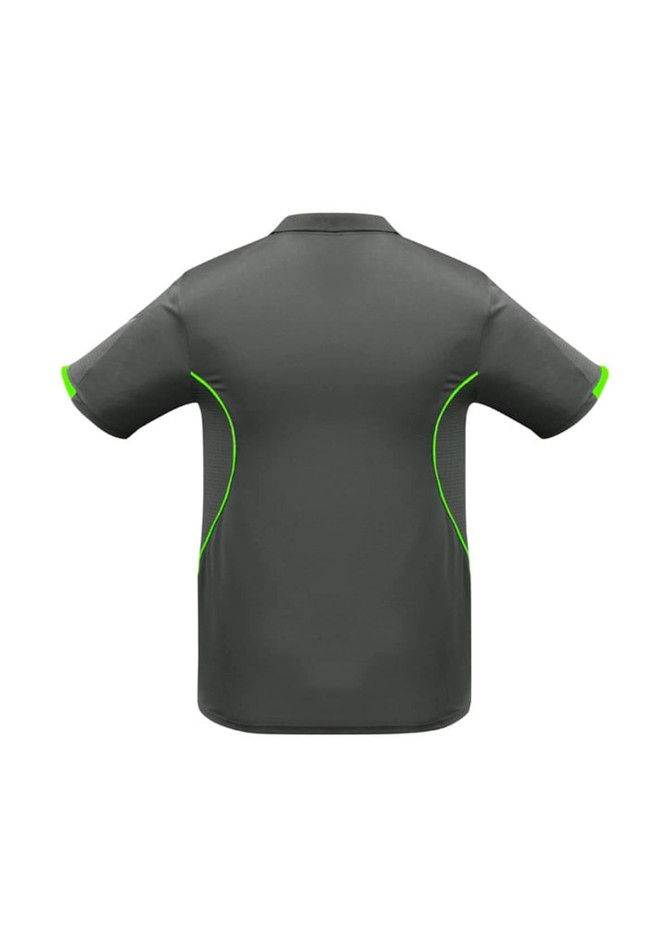 A grey short sleeve polo shirt featuring green detailing and a logo on the back.
