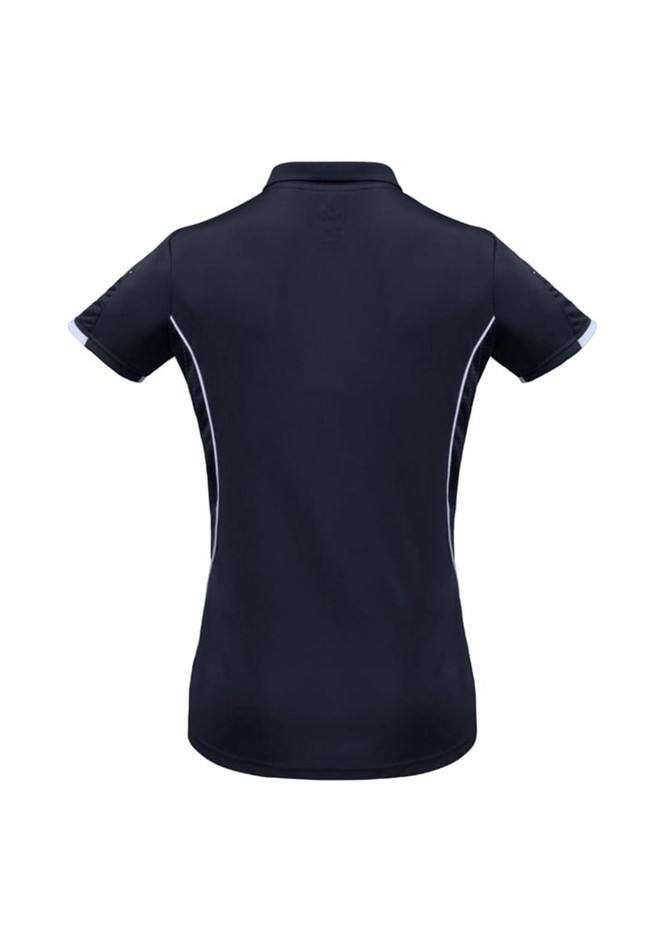 A women's short sleeve polo shirt in navy blue with contrast detailing and a logo on the left side.
